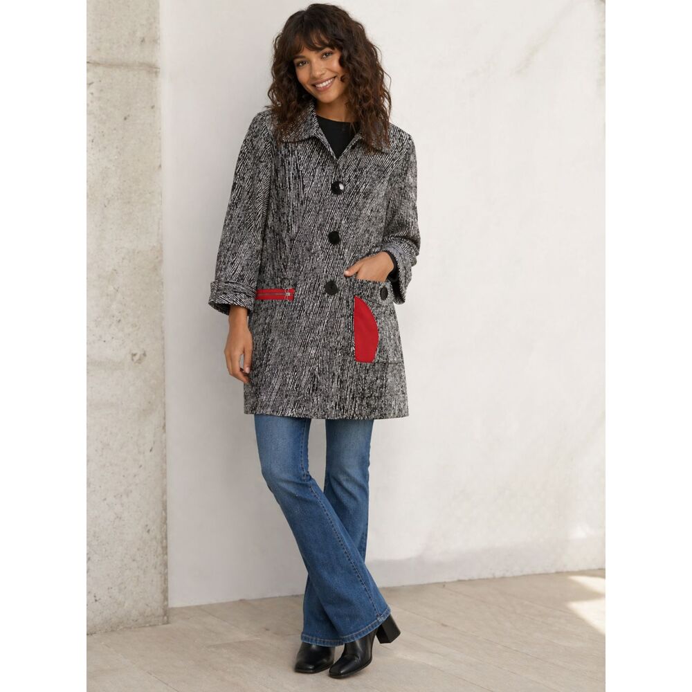 Moonlight Vintage Black Gray Textured Coat Red Accent Pockets Size Large USA